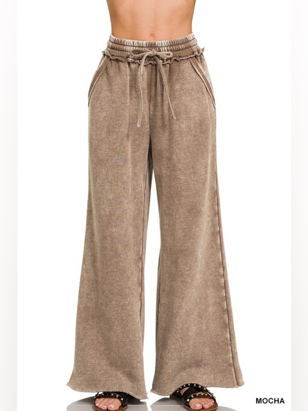 NWT Zenana Mocha Acid Wash Fleece Palazzo Sweatpants With Pockets